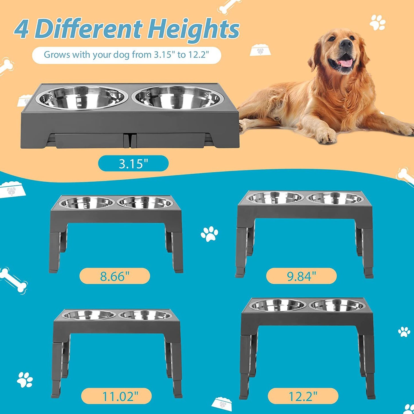 Pet Elevated Dog Bowls, Adjustable Raised Dog Bowls With No Spill Dog Water Bowl And Stainless Steel/Slow Feeder Dog Bowl, Dog Bowl Stand For Small Medium Large Dogs,Cats & Pets (Plastic)
