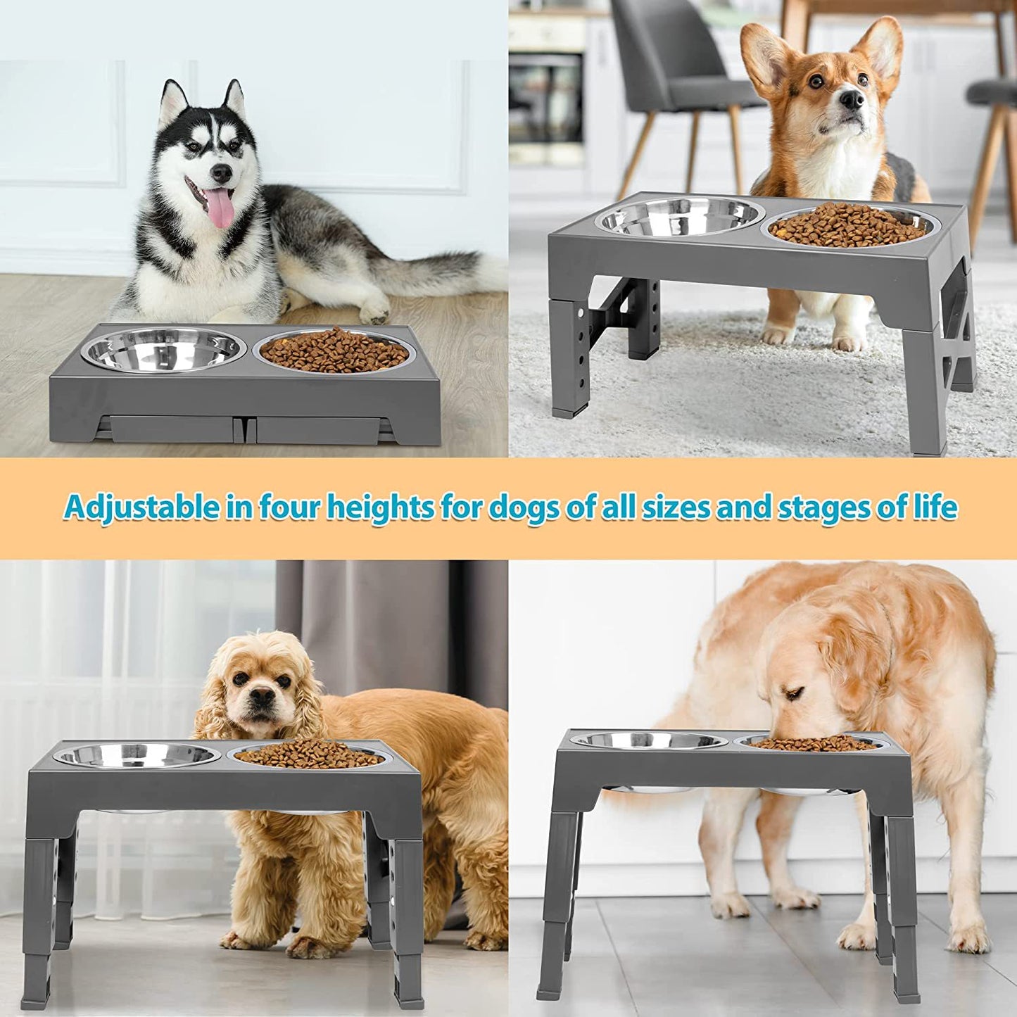 Pet Elevated Dog Bowls, Adjustable Raised Dog Bowls With No Spill Dog Water Bowl And Stainless Steel/Slow Feeder Dog Bowl, Dog Bowl Stand For Small Medium Large Dogs,Cats & Pets (Plastic)
