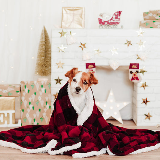 Custom Classic Red And Black Check Design Christmas Lamb Wool Pet Blanket Travel Blanket