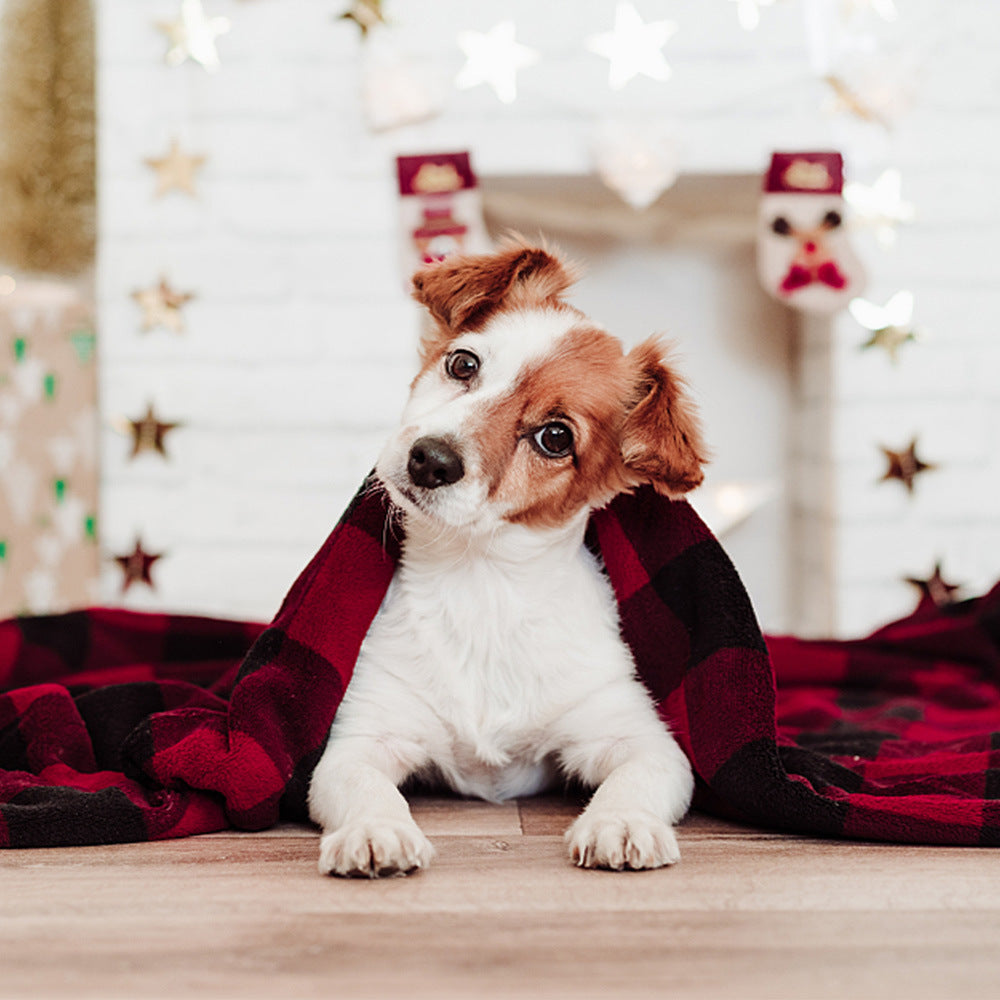 Custom Classic Red And Black Check Design Christmas Lamb Wool Pet Blanket Travel Blanket